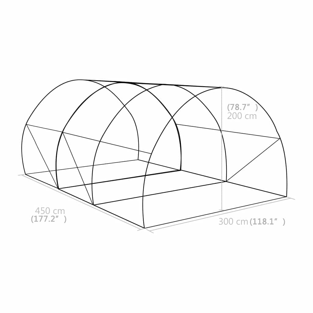 Szklarnia 13,5 m² z zieloną siatką z polietylenu o wymiarach 450 x 300 x 200 cm, ocynkowaną ramą stalową, 6 okien bocznych, 1 drzwi, odporny na warunki atmosferyczne domek dla roślin na