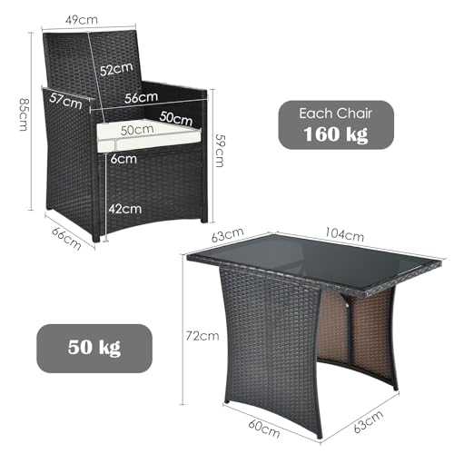 COSTWAY 3-Piece Patio Rattan Dining Set, Wicker Garden Table and Chairs Set with Tempered Glass Tabletop & Removable Cushions, Space-saving Outdoor Dining Furniture Conservatory Set 6 COSTWAY 3-Piece Patio Rattan Dining Set, Wicker Garden Table and Chairs Set with Tempered Glass Tabletop & Removable Cushions, Space-saving Outdoor Dining Furniture Conservatory Set - Image 6