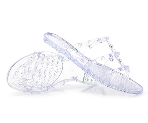 Image of Women Flats Sandals, Studded Jelly Shoes Size 9 Red Dressy Summer Beach Rivets Strappy Jellies Slide Slip On Open Toes