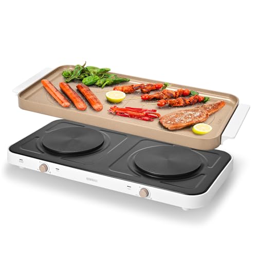 AEWHALE Kochplatten 2er Elektrisch mit abnehmbarer keramischer Griddle-Pfanne Antihaft, 1000W+1000W tragbares Doppelkochfeld mit einstellbarer Temperatur Gold