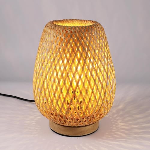 DAXGD Lampe de table d'intérieur, lampe de bureau rétro en bambou E27, veilleuse bohème faite à la main pour chambre à coucher, salon, chambre d'enfant