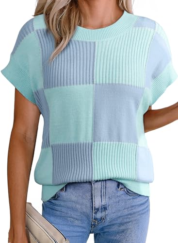Image of EVALESS Short Sleeve Sweater for Women Crewneck Color Block Knit Tops 2026 Summer Trendy Cap Sleeve Sweater Vest