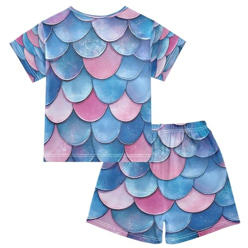 ALAZA Fish Scale Mermaid Blue Pajamas Set Short Sleeve Cotton Sleepwear Summer Pjs 2 Piece 5-14Y2