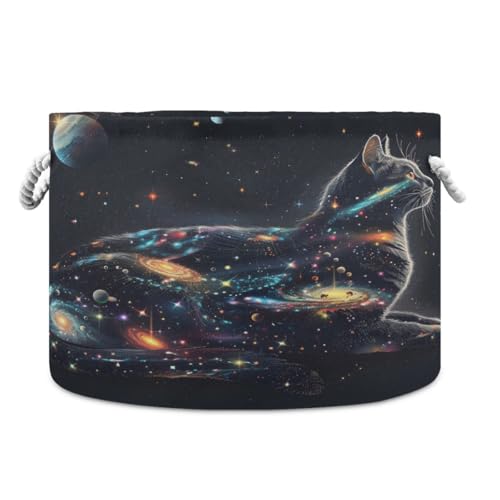 Round Storage Basket Outline Of Cat Filled with Space Stars Galaxies and Planets Open Home Storage Bin 20 * 13.9in
