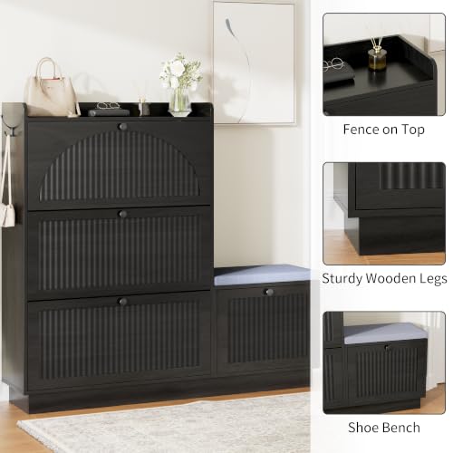 Image of Shoe Storage Cabinet with 2 Flip Drawers, Shoe Organizer Storage with Bench