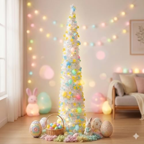 Easter Egg Tree 5Ft Lighted Easter Tree with 40 LED Colored Lights 20 Colorful Eggs Ornaments Battery Operated Pop Up Tinsel Collapsible Tree for Home Porch Office Party Decor Spring Decor