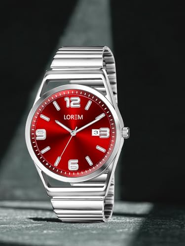 Image of LOREM Men's Stainless Steel Watch, Black Round Dial, Silver Band, Date Display, Quartz Movement