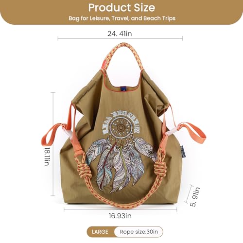 Image of Ball&Chain Embroidery Initial Nylon Tote Bag,Personalized Present Suitable for Travel,Beach,is a Great Gift Women, Mom (Khaki, Large)
