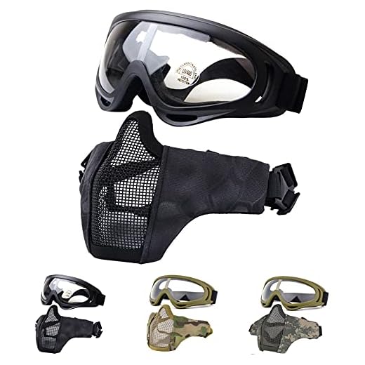Fansport Airsoft Mask Tactical Goggles Set, Lower Half Face Mesh Masks Foldable Steel mesh mask Airsoft Protective Mask with Goggles Set for Hunting, Shooting, Paintball (Black)