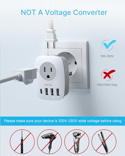 European Travel Plug Adapter, VINTAR International Power Plug Adapter with 1 USB C, 2 US Outlets and 3 USB Ports, 6 in 1 Travel Essentials to Most of Europe Greece, Italy(Type C) - Image 6