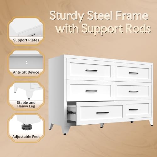 Image of Dresser for Bedroom, Chest of Drawers, 6 Drawers Metal Dresser with Anti-Tipping Device, White Bedroom Dresser for Living Room, Entryway, Hallway