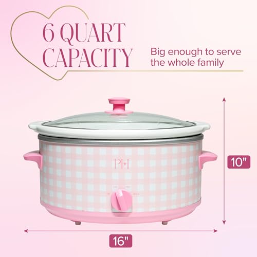 Image of Paris Hilton 6-Quart Manual Slow Cooker, Features Three Settings (Low, High, Warm), Naturally Nonstick and Dishwasher Safe Stoneware Insert, Family Sized Capacity, Gingham Pink
