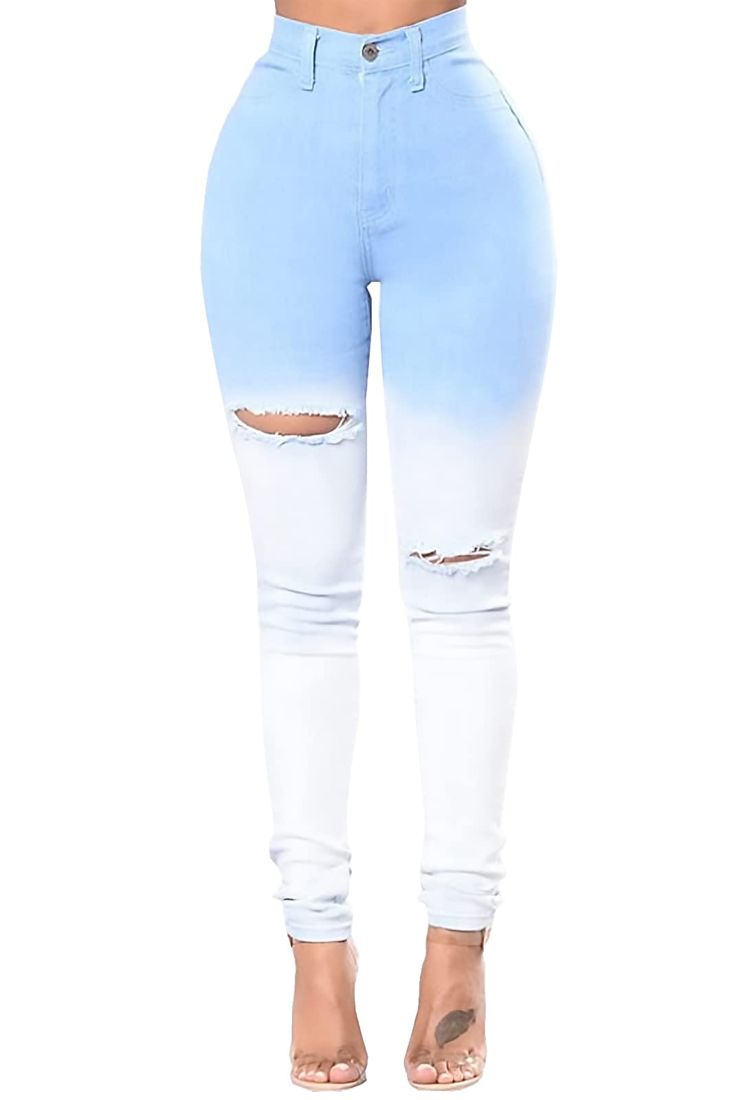 FairBeautyWomen's Skinny Stretch Jeans Frayed Raw Hem Slim Fit Jeans Ripped Denim Pants