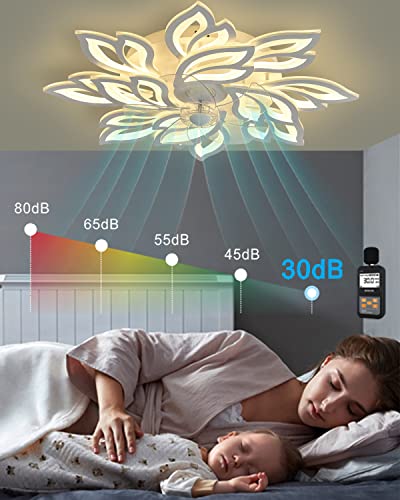 33.5" Modern Ceiling Fans With Lights And Remote, Dimmable 3 Color Low Profile Ceiling Fan With Light, 6 Gear Quiet Flush Mount Led Ceiling Fan, White Bladeless Ceiling Fan With Light For Bedroom 100W #TOP5