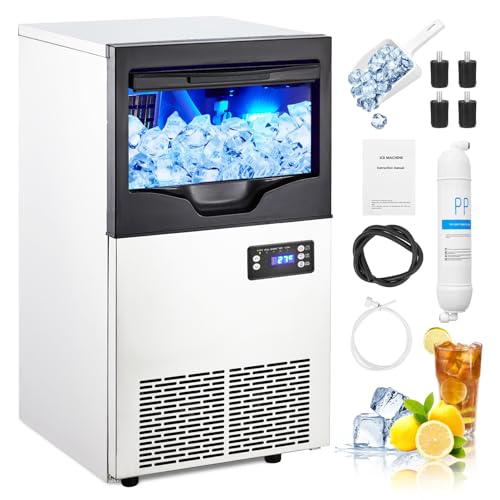 Commercial Ice Maker Machine, 100 Lbs/24H Stainless Steel Ice Machine with 33 Lbs Large Ice Storage Capacity, Button Display Freestanding Ice Maker for Home, Office, Restaurant, Bars