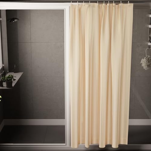 Image of Encasa XO Waterproof Shower Curtain for Bathroom 6 x 6.5 feet(183x200 cm), Anti-Fungal Polyester Washroom Curtain with 12 Hooks, Wet & Dry Partition Toilet Curtains Stripe Beige