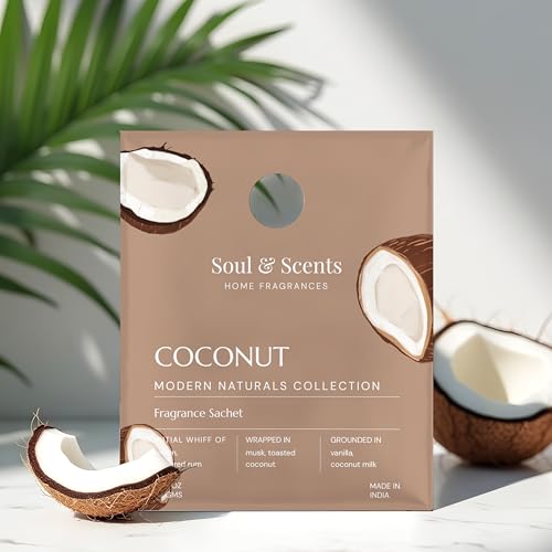 Image of Soul & Scents Coconut Fragrance Sachet | A Blend of Toasted Coconut, Vanilla & Musk | Long-Lasting Air Freshener for Car, Wardrobe, Kitchen, and Travel Bag | Pack of 3-20gm Each