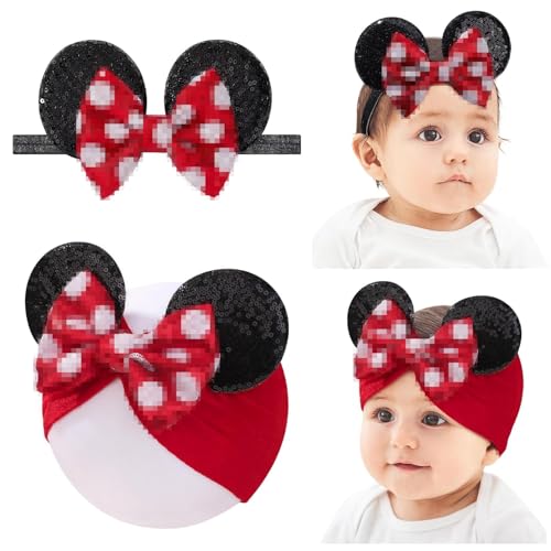 Image of choicbaby Baby Girl Round Ears Headbands Headwrap with Sequin Polka Dot Bow Soft Stretchy Nylon Ear Hair Bands for Newborn Infant Baby Toddler Girls- Pack of 2