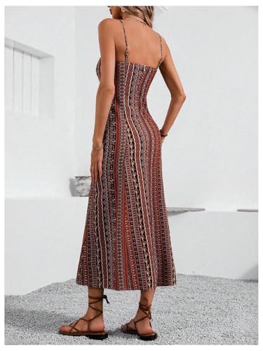 Women's Boho Split Thigh Vacation Midi Dress Spaghetti Strap Slim Fit Cami Slip Dresses3