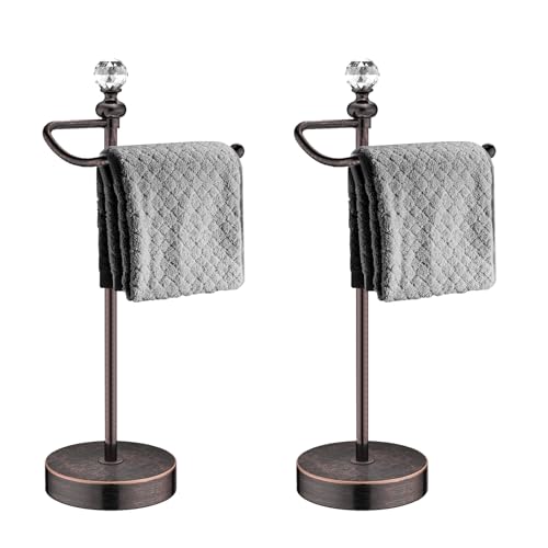 ROLABAM Bathroom Hand Towel Holder with Crystal Ball, Countertop Towel Holder Stand 15.7” H, Stainless Steel Classic Vintage Hand Towel Rack Stand with Heavy Weighted Base (Oil Rubbed Bronze, 2 Pack)