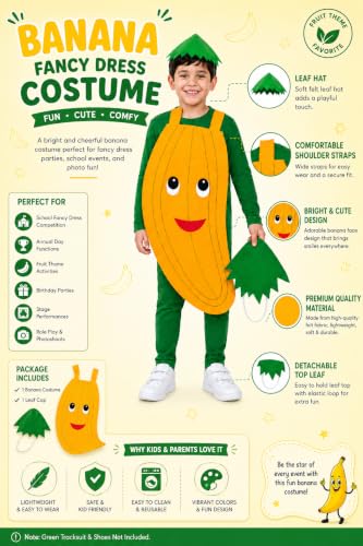 Image of Raj Costume Kids Mango Fruit Costume Apron with Cap for Boys & Girls | Cute Yellow Cutout Fancy Dress | Soft Felt Fabric | Role Play Outfit