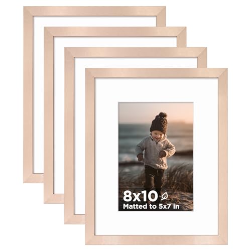 KINLINK 8x10 Picture Frame Rose Gold Set of 4 Wooden Photo Frames Matted 5x7 with Plexiglass for 5x7 with Mat or 8x10 without Mat for Table and Wall Display
