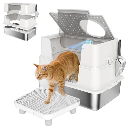 Arenero grande de acero inoxidable con tapa para gatos miniatura 1