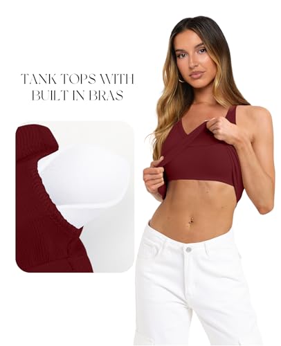 Image of Darong Womens Ribbed Halter Neck Tank Top with Built in Bras Summer Clothes