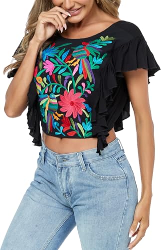 2025 Women's Embroidered Tops Boho Mexican Shirt Sexy Floral Ruffle Short Sleeve Backless Going Out Crop Tunics Top3