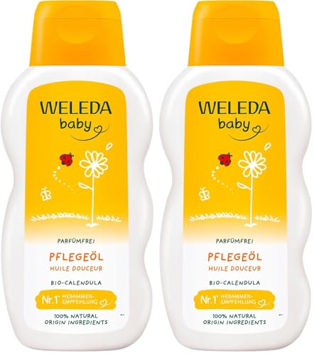 WELEDA Bio Baby Calendula Pflegeöl parfümfrei - veganes Naturkosmetik Babyöl mit Sesamöl zur Pflege & Massage von Babys. Körperöl zum Schutz vor Hautreizungen, Wundwerden & trockener Haut (1x200ml)