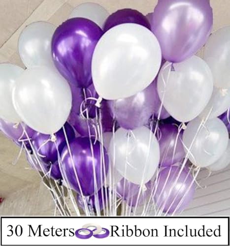Image of AMFIN (Pack of 50) Metallic Balloons Birthday, Wedding, Engagement, Baby Shower, 1st Birthday, Anniversary Party, Theme Party, Office Party - Purple & White
