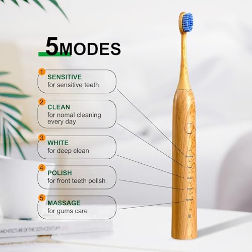 Sonic Electric Bamboo Toothbrush for Adults - Bamboo Design with Soft Bristles - 5 Adjustable Cleaning Modes - Upgraded IPX7 Waterproof Technoloy for Adults