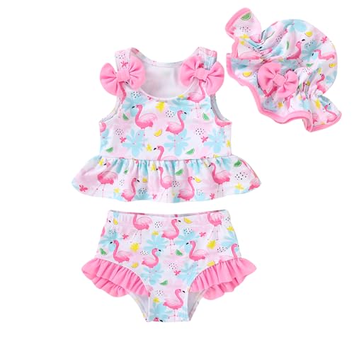 Happy Town Toddler Swimsuit Baby Girl Bathing Suit Sleeveless Bow Floral Bikini Top Ruffle Shorts with Hat Beach Swim Wear