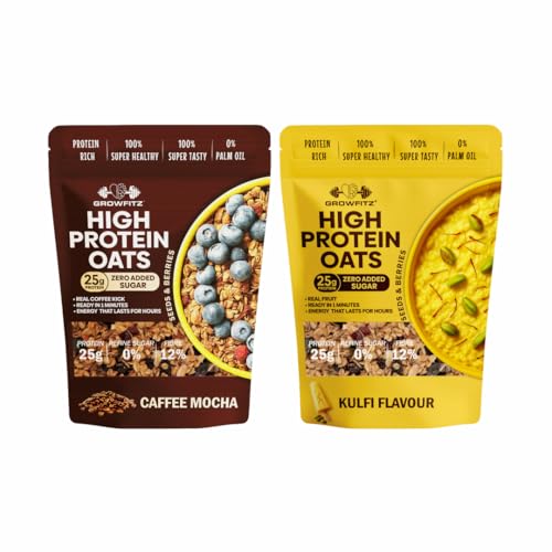 Image of GrowFitz 25g High Protein Oats 800 Gram, Pack of 2 | Coffee Mocha & Kulfi Flavor Combo Breakfast Oatmeal | 17g High Fiber, Almonds, Raisin, Pumpkin, Chia Seeds, Super Rolled Oats | No Added Sugar