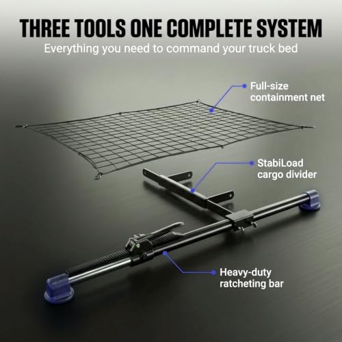 Image of HitchMate Cargo Stabilizer Bar Full Size 59 inch to 73 inch with StabiLoad Divider Bar and Cargo Net