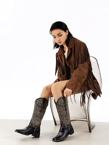 Image of Western Cowboy Boots for Women Knee High Cowgirl Boots with Classic Embroidered, Pointed Toe Chunky Heel Fashion Retro Classic Pull On Tall Boot Women Fall Winter