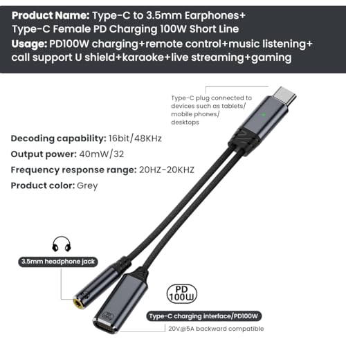 Image of Verilux 2 in 1 Multi USB C Splitter with PD 100W USB C Charging & 3.5mm