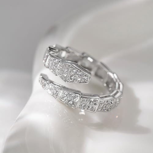 Aura & lrena Adjustable Silver Snake Ring for Women Plating Open-Ended Ring with AAA Cubic Zirconia Fashion Jewelry, Statement Gift Design Rings for Men and Women Non Tarnish2