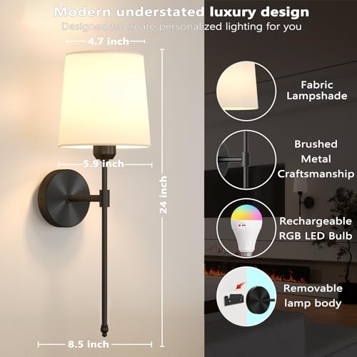 Image of Ouyulong Battery Operated Wall Sconces Set of 2, Wireless Rechargeable Dimmable Wall Light with 5600mAh RGB Bulb and Remote for Bedroom, Living Room, Hallway 24in Black