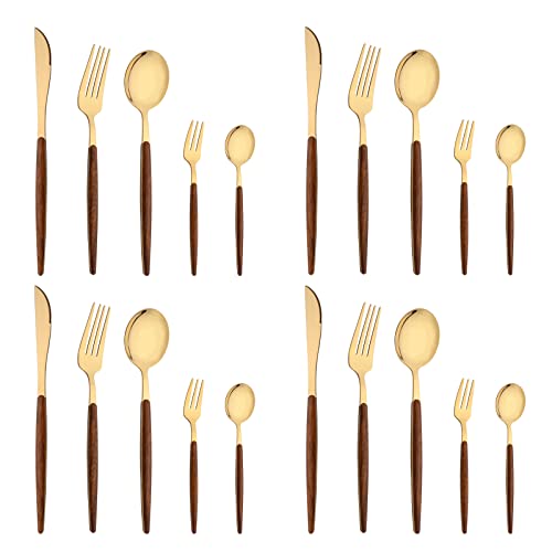 Uniturcky 20-Piece Silverware Set for 4, Stainless Steel Flatware Tableware Set, Mirror Polished Tableware Cutlery Set for Family Kitchen Restaurant, Faux Wooden Handle, Dishwasher Safe(Gold & Brown)