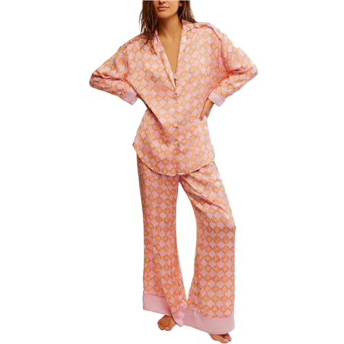 Image of Women Satin Pajama Set Floral Silk Pajamas 2 Piece Lounge Sets Button Down Shirts Wide Leg Pants Pjs Sleepwear