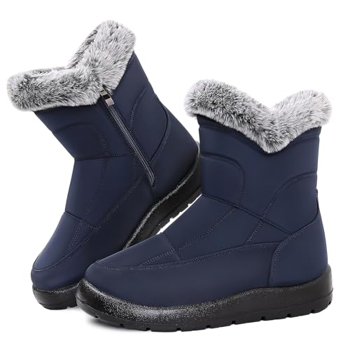Women's Winter Snow Boots, Waterproof Faux Fur Lined Mid-Calf Booties with Zipper Comfortable Warm Shoes Outdoor