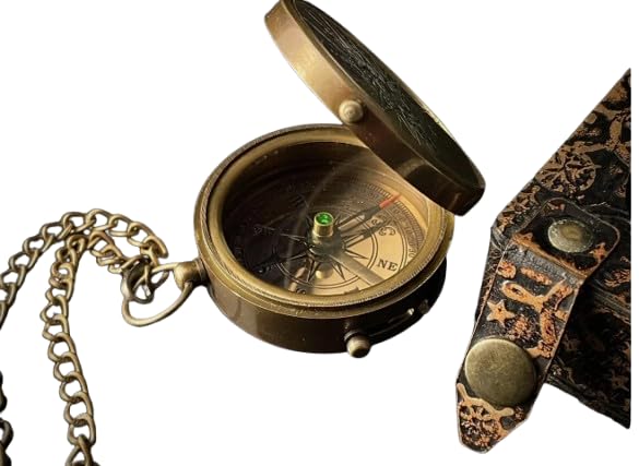 Brújula de Bolsillo Grabada en Latón con Estuche de Cuero – Regalo Náutico Vintage miniatura 1