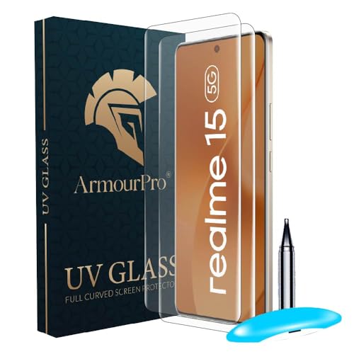 Image of ArmourPro Military Grade UV Tempered Glass Compatible For Realme 15 5G (6.8 Inch) With Easy UV Installation Kit | Edge To Edge Coverage | Crystal Clear, Pack of 2