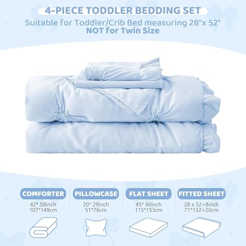 Image of Twin Comforter Set for Girls, Boho Pintuck Bedding Comforter Sets, 4 Pieces Ruffles Jacquard Embroidery Twin Bedding Sets with Comforter, Fitted Sheet, Flat Sheet and Pillowcase, Blue
