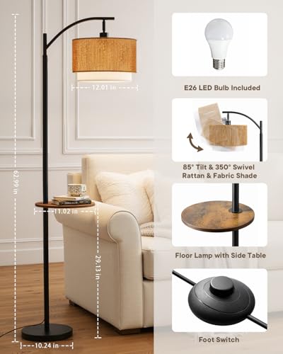 Image of PESRAE Rattan Floor Lamp for Living Room, Farmhouse Arc Standing Lamp | Side Table with lamp, 3 Color Temperatures, Rattan & Fabric Lamp Shades, Boho Standing Lamp for Living Room, Bedroom Corner