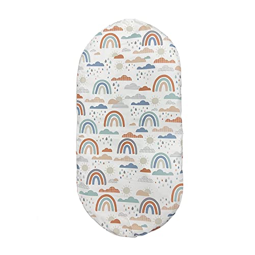 Image of F-Price Replacement Sheet for Fisher-Price Soothing View Bassinet - GPN07 ~ Replacement Bassinet Sheet ~ Rainbow Showers, Peach, White. Blue