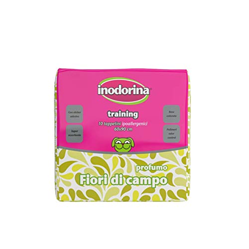 Inodorina, Training, Tappetino Igienico Profumato, in Pura Cellulosa Vergine Super Assorbente, con Polimeri Odor Control e Sticker Antiscivolo, Fiori di Campo, Formato 60x90 cm, 10 Pezzi