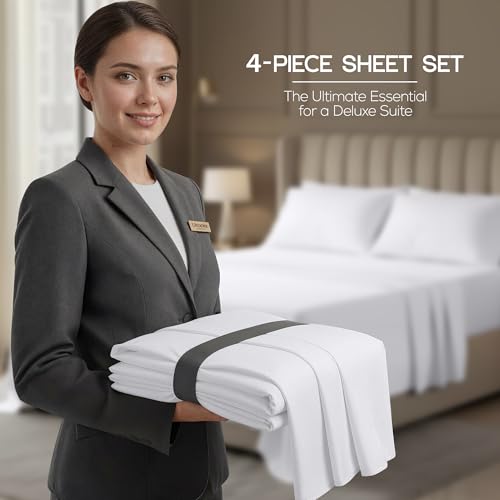 Image of Hotel Full Size Sheet Set - 4 Piece Luxury Bedding Sheets, Deep Pocket Soft & Breathable Microfiber Bed Sheets, 1 Fitted Sheet, 1 Flat Sheet and 2 Pillowcases - Oeko Tex (White)