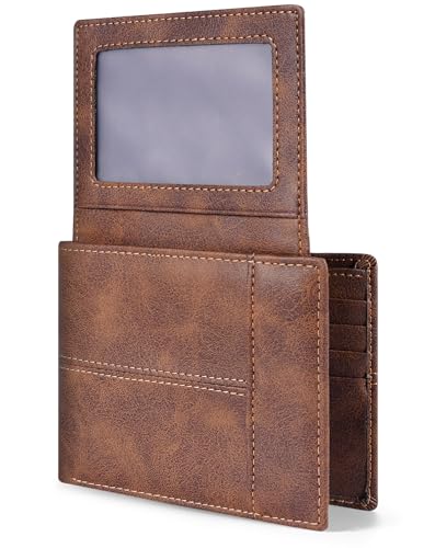 Image of Swallowmall Wallet for Men RFID Blocking Genuine Leather Mens Wallets Bifold with 2 ID Window 13 Card Slots brown-417
